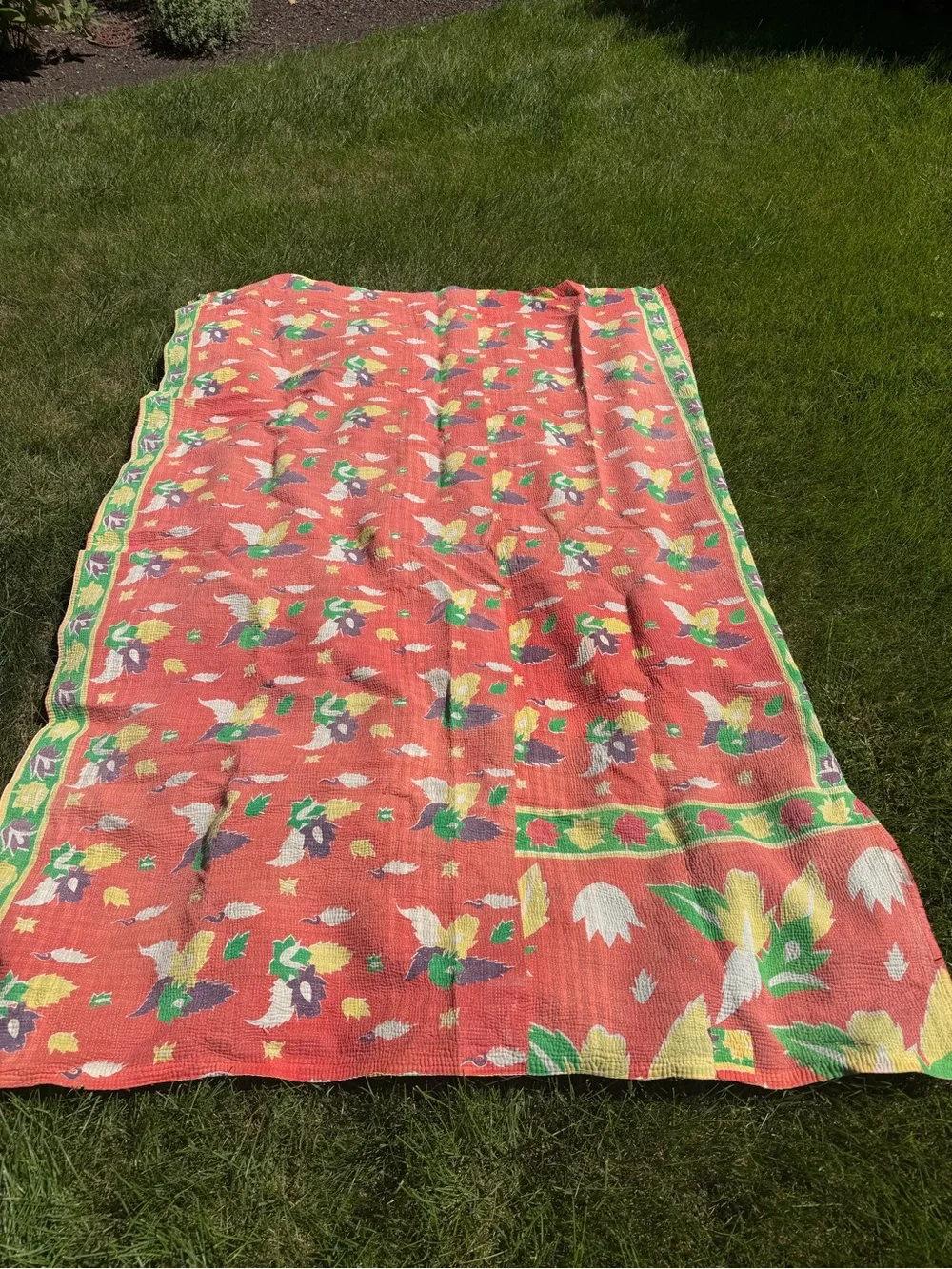 Vintage Indian Kantha Quilt Reversible Coral Floral Green Yellow Hand Stitched T